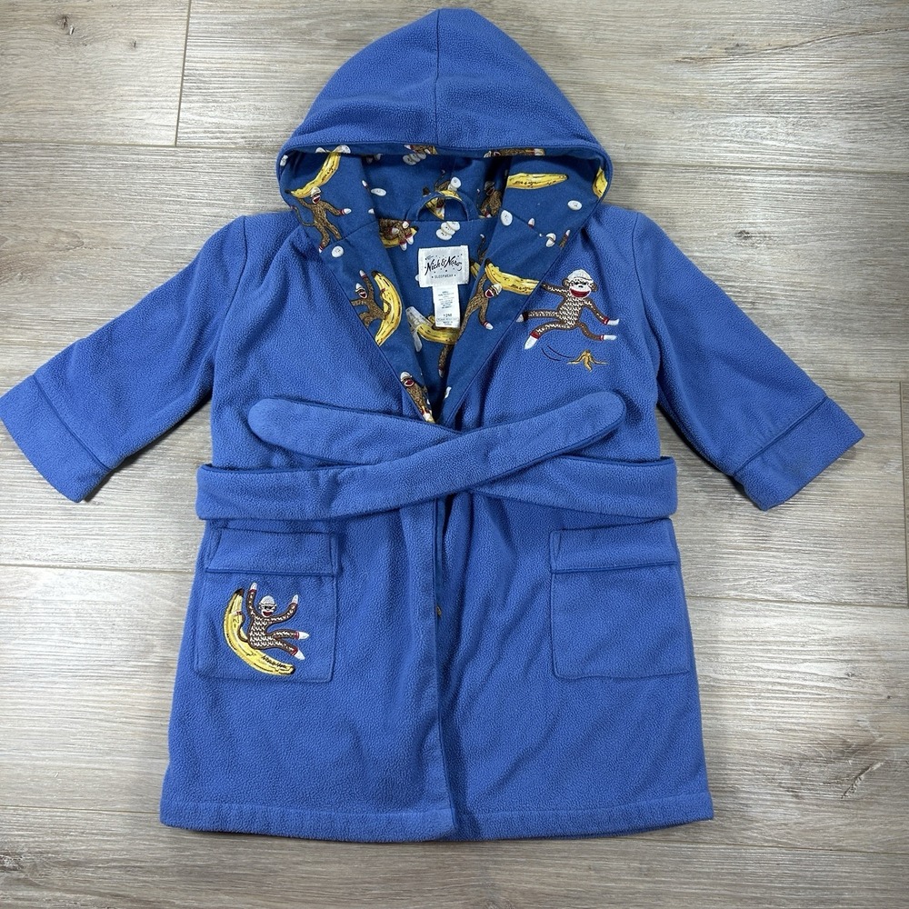 Nick & Nora Toddler‎ Bath Robe 12M Blue Monkeys Bananas Fleece Cozy